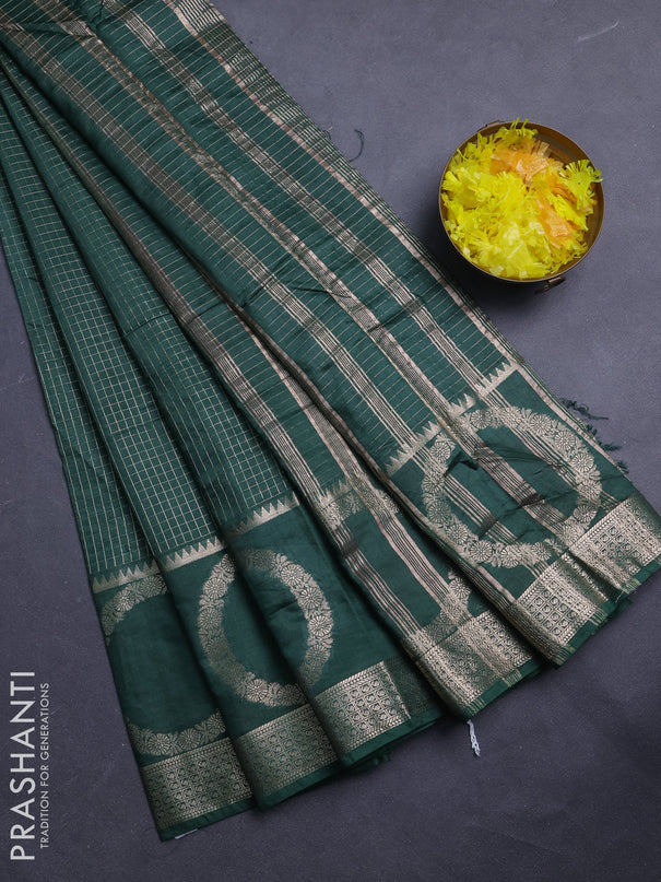 Semi chanderi saree green and light pink with allover zari checked pattern and zari woven butta border