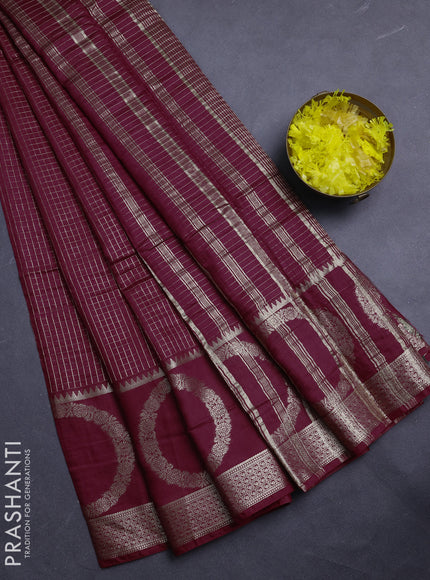 Semi chanderi saree maroon and green with allover zari checked pattern and zari woven butta border
