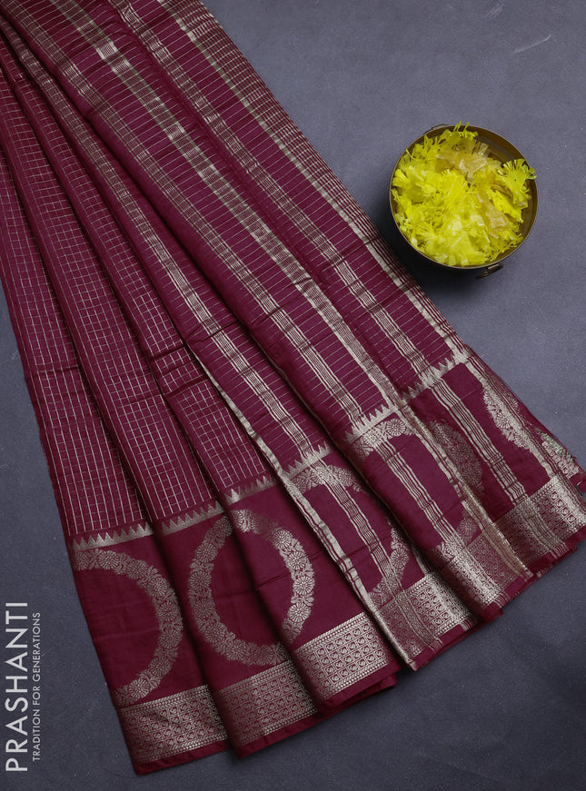 Semi chanderi saree maroon and green with allover zari checked pattern and zari woven butta border