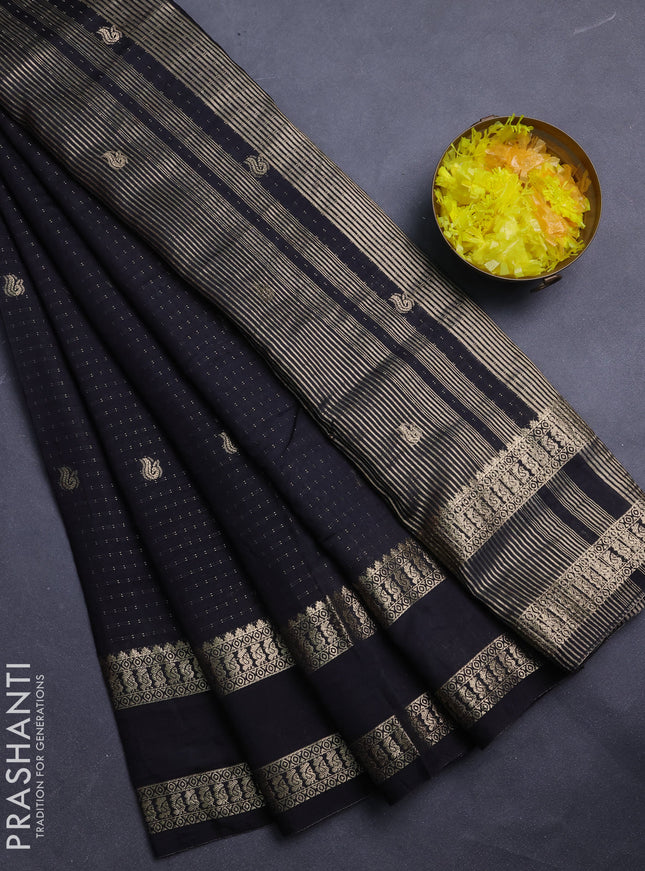 Semi chanderi saree black and off white with allover zari woven buttas and rettapet zari woven border