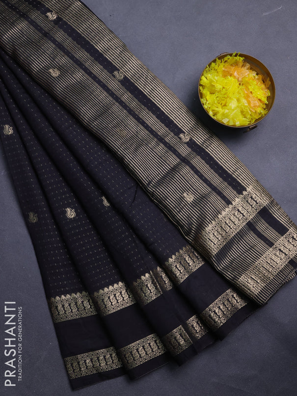 Semi chanderi saree black and off white with allover zari woven buttas and rettapet zari woven border