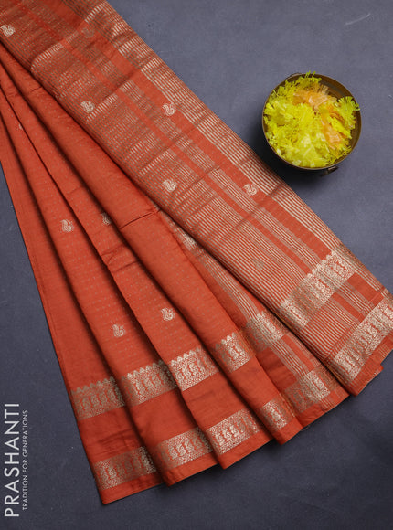Semi chanderi saree rust shade and deep wine with allover zari woven buttas and rettapet zari woven border