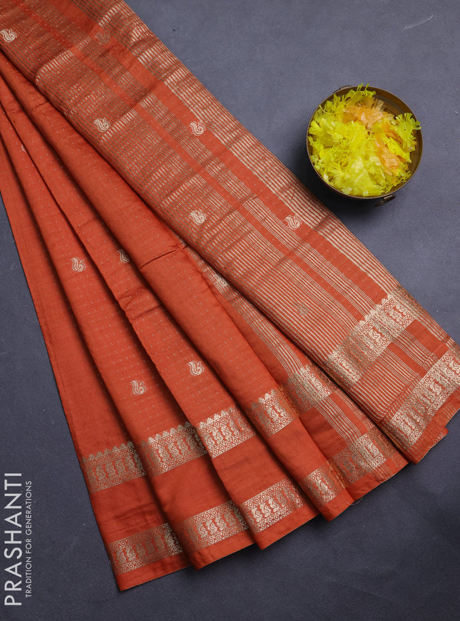 Semi chanderi saree rust shade and deep wine with allover zari woven buttas and rettapet zari woven border