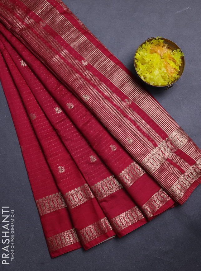 Semi chanderi saree wine shade and green with allover zari woven buttas and rettapet zari woven border