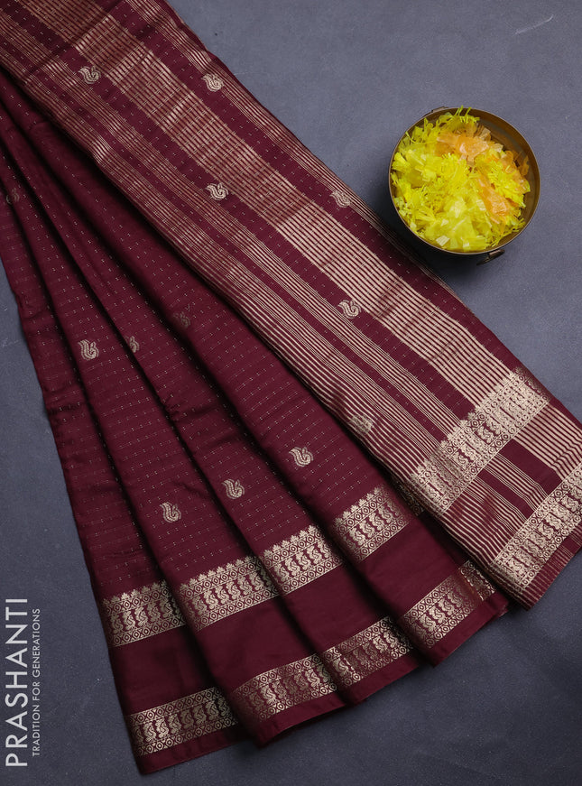 Semi chanderi saree deep wine and rust shade with allover zari woven buttas and rettapet zari woven border