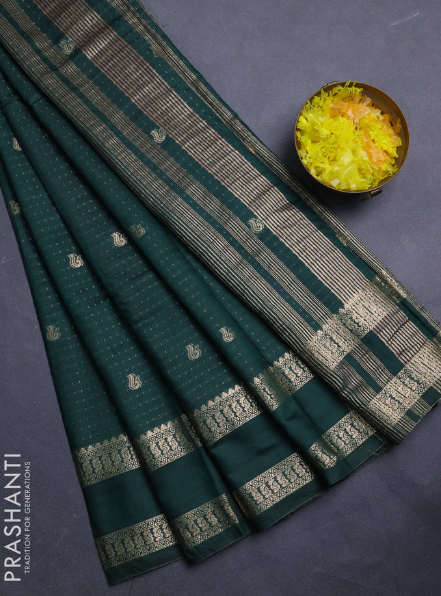 Semi chanderi saree bottle green and peach pink with allover zari woven buttas and rettapet zari woven border