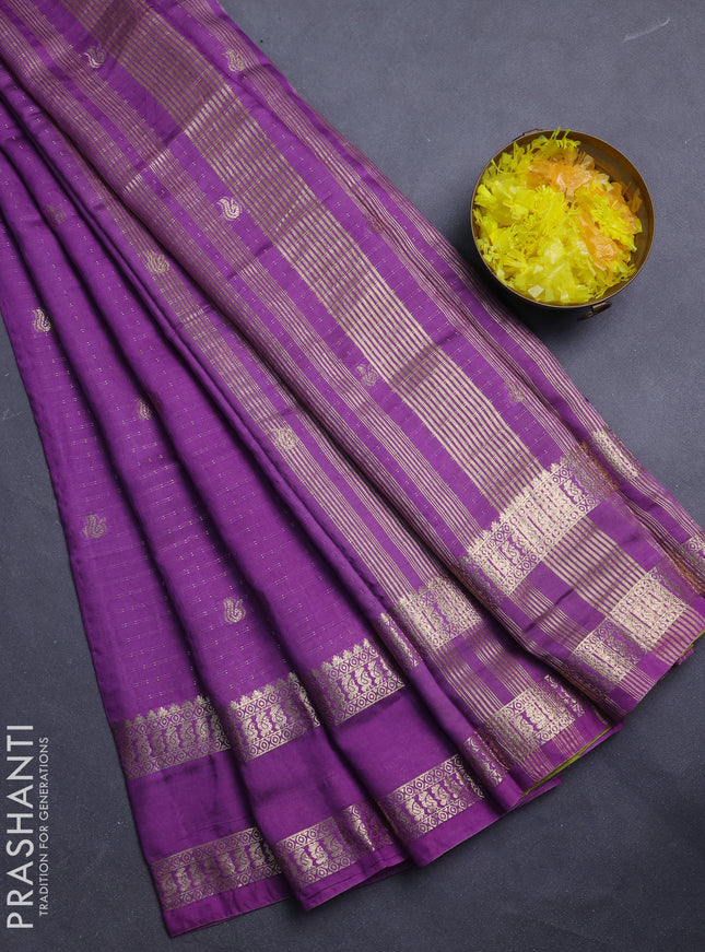 Semi chanderi saree purple and light green with allover zari woven buttas and rettapet zari woven border