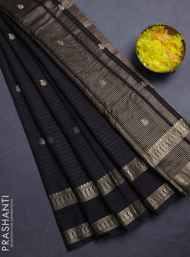 Semi chanderi saree black and maroon with allover zari woven buttas and rettapet zari woven border