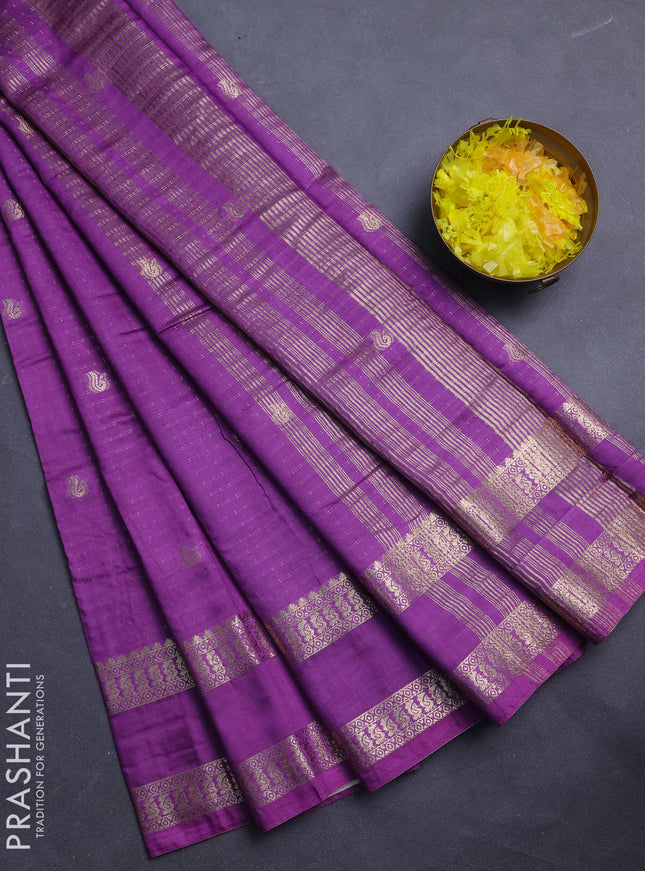 Semi chanderi saree lavender and violet with allover zari woven buttas and rettapet zari woven border