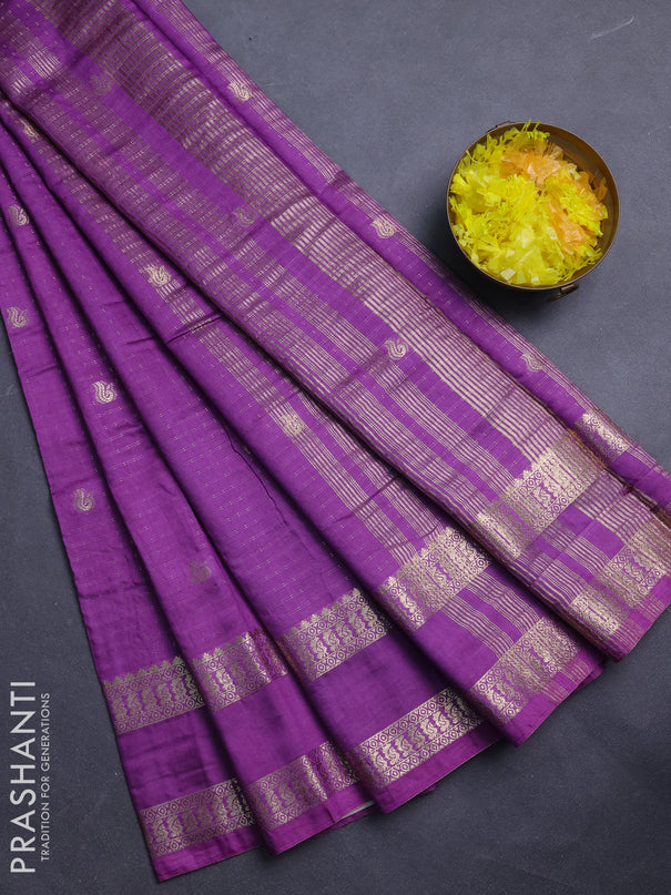 Semi chanderi saree lavender and violet with allover zari woven buttas and rettapet zari woven border