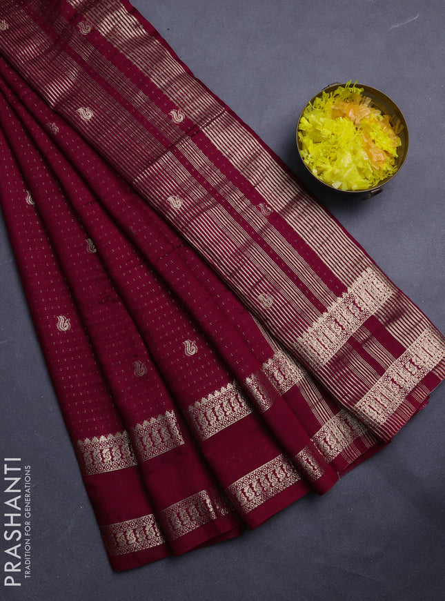Semi chanderi saree deep maroon and green with allover zari woven buttas and rettapet zari woven border
