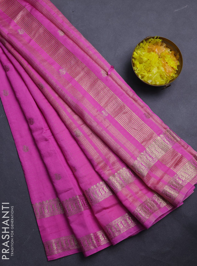 Semi chanderi saree light pink and yellow with allover zari woven buttas and rettapet zari woven border