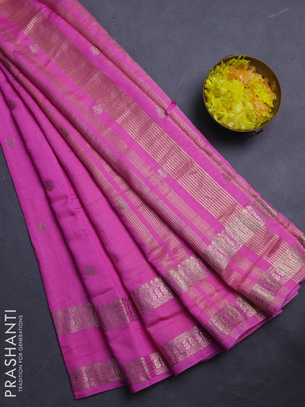 Semi chanderi saree light pink and yellow with allover zari woven buttas and rettapet zari woven border