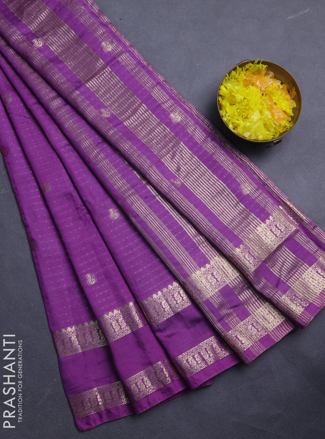 Semi chanderi saree purple and green with allover zari woven buttas and rettapet zari woven border