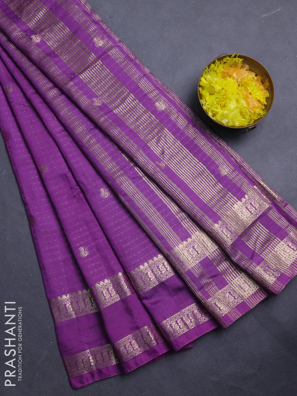 Semi chanderi saree purple and green with allover zari woven buttas and rettapet zari woven border