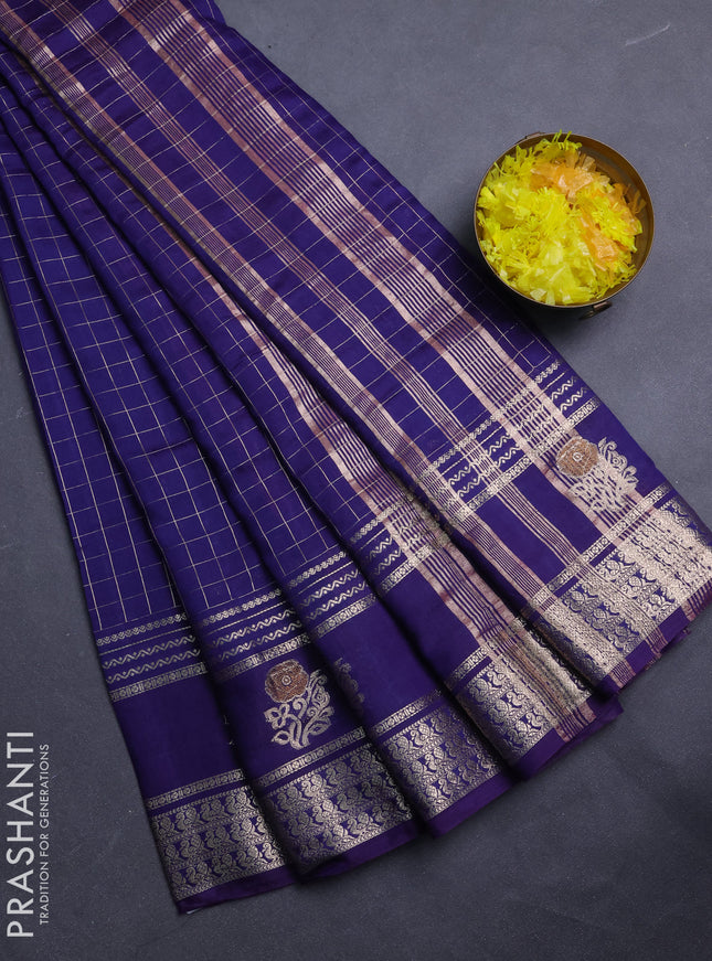 Semi chanderi saree blue and light pink with allover zari checked pattern and rettapet zari woven butta border