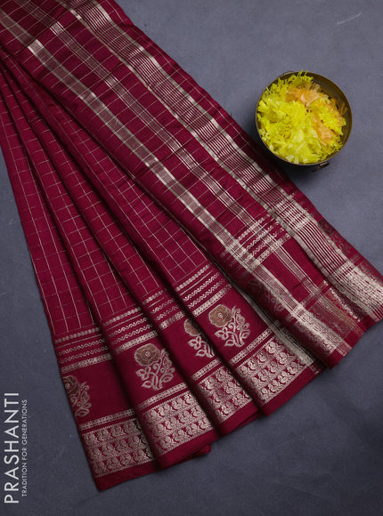 Semi chanderi saree deep maroon and light green with allover zari checked pattern and rettapet zari woven butta border