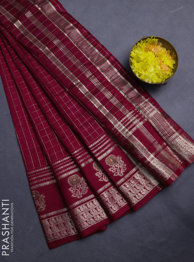 Semi chanderi saree deep maroon and light green with allover zari checked pattern and rettapet zari woven butta border