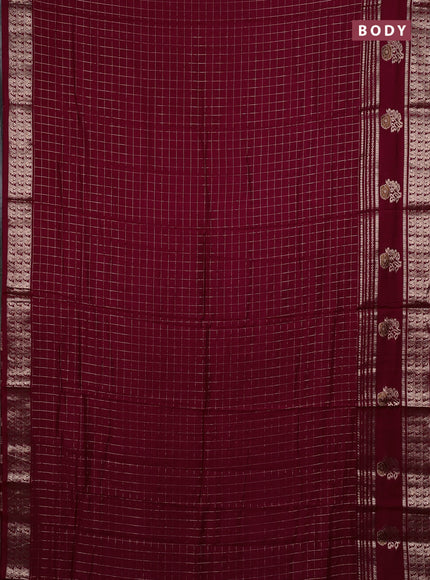 Semi chanderi saree deep maroon and light green with allover zari checked pattern and rettapet zari woven butta border