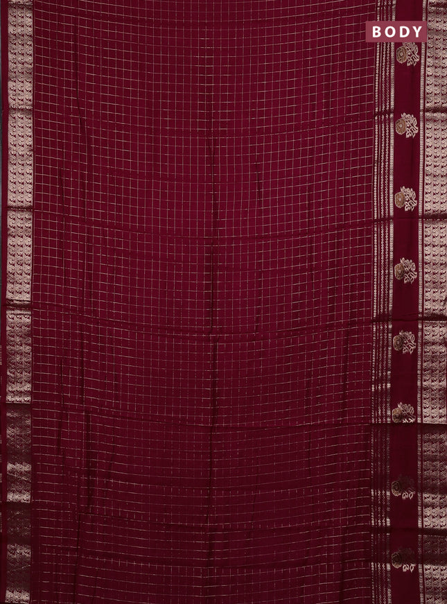 Semi chanderi saree deep maroon and light green with allover zari checked pattern and rettapet zari woven butta border