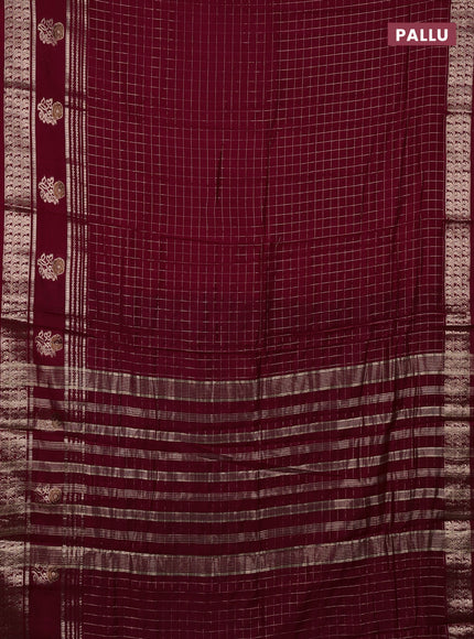 Semi chanderi saree deep maroon and light green with allover zari checked pattern and rettapet zari woven butta border