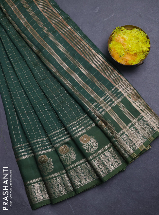 Semi chanderi saree green and red with allover zari checked pattern and rettapet zari woven butta border