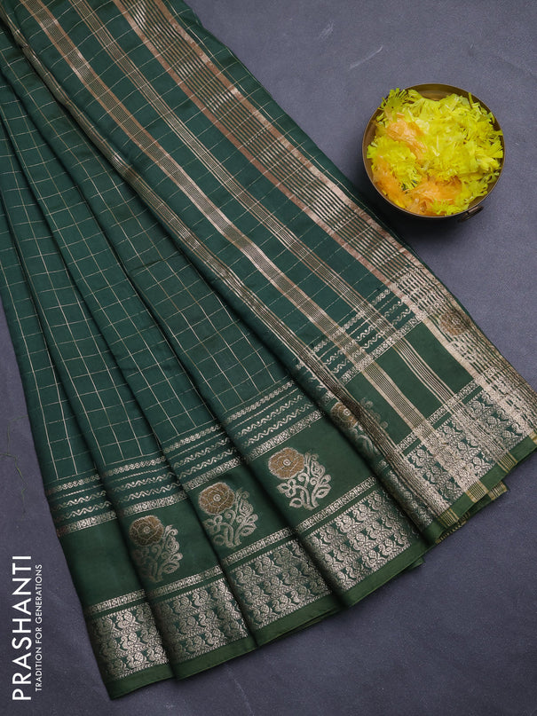 Semi chanderi saree green and red with allover zari checked pattern and rettapet zari woven butta border