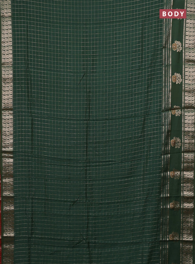 Semi chanderi saree green and red with allover zari checked pattern and rettapet zari woven butta border