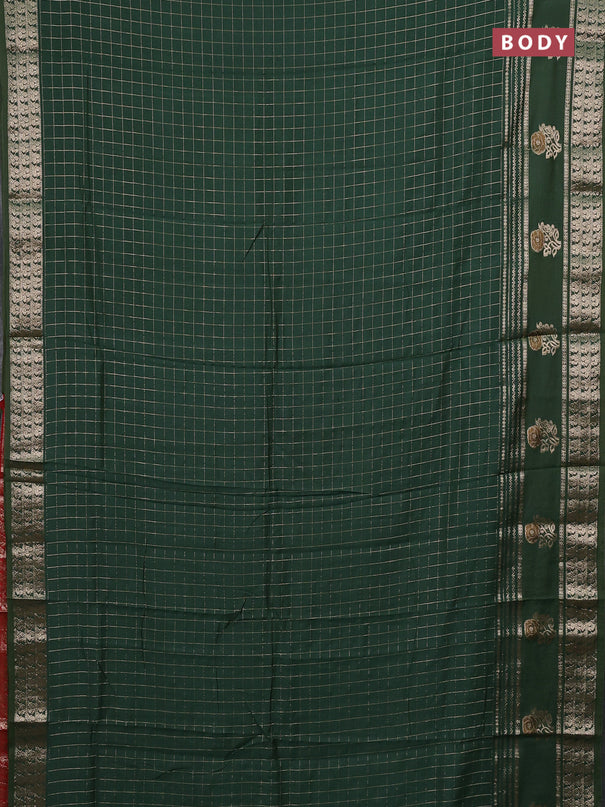Semi chanderi saree green and red with allover zari checked pattern and rettapet zari woven butta border