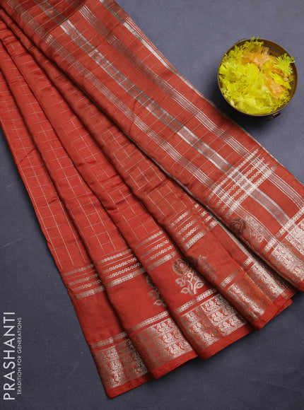Semi chanderi saree rustic orange and black with allover zari checked pattern and rettapet zari woven butta border