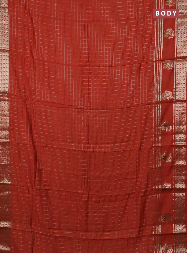 Semi chanderi saree rustic orange and black with allover zari checked pattern and rettapet zari woven butta border
