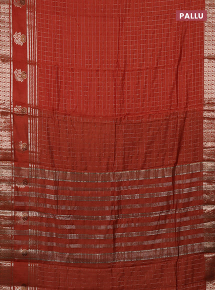 Semi chanderi saree rustic orange and black with allover zari checked pattern and rettapet zari woven butta border