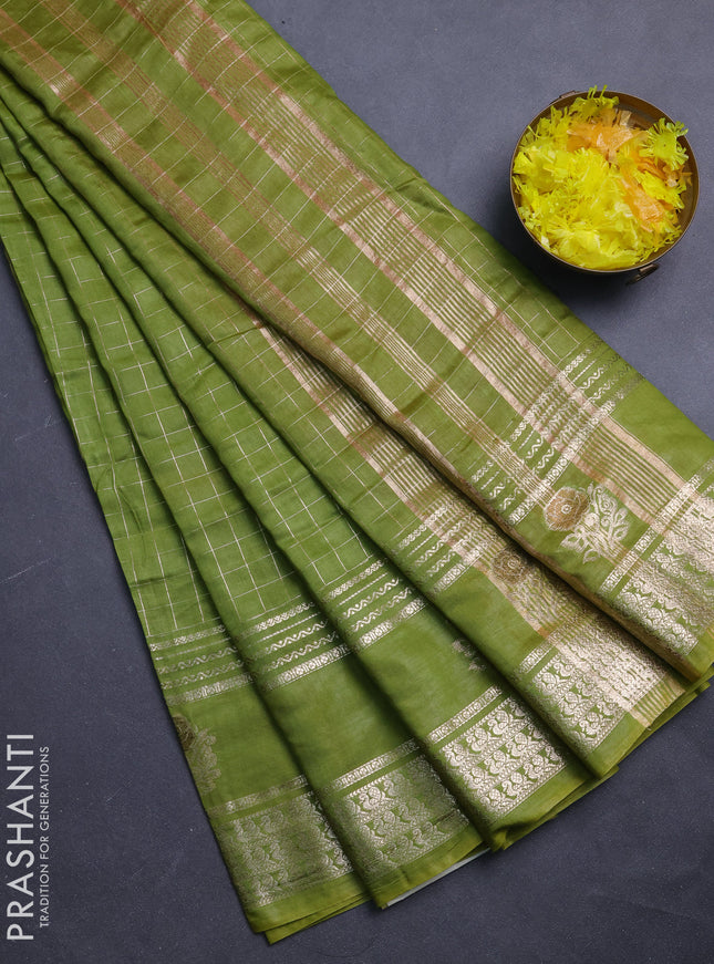 Semi chanderi saree light green and red with allover zari checked pattern and rettapet zari woven butta border