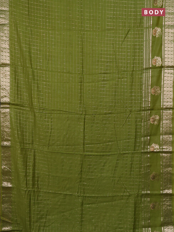 Semi chanderi saree light green and red with allover zari checked pattern and rettapet zari woven butta border
