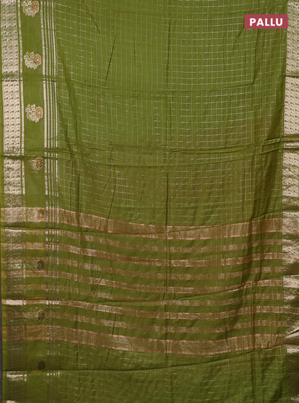 Semi chanderi saree light green and red with allover zari checked pattern and rettapet zari woven butta border