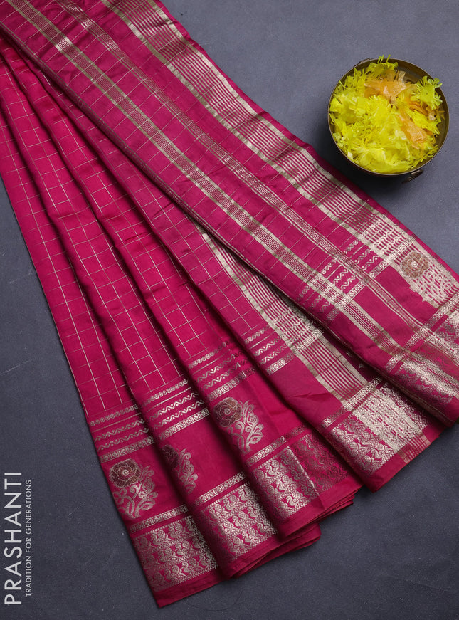Semi chanderi saree pink and light green with allover zari checked pattern and rettapet zari woven butta border