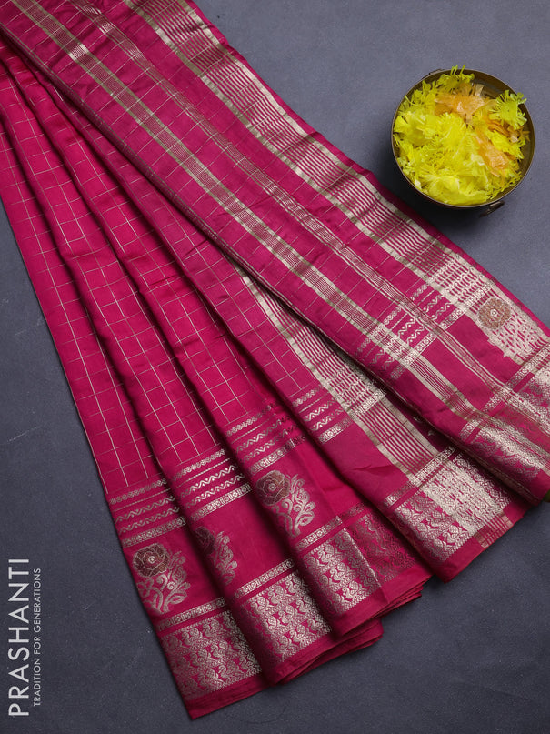 Semi chanderi saree pink and light green with allover zari checked pattern and rettapet zari woven butta border
