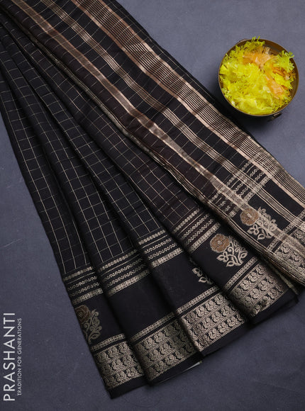 Semi chanderi saree black and rustic orange with allover zari checked pattern and rettapet zari woven butta border