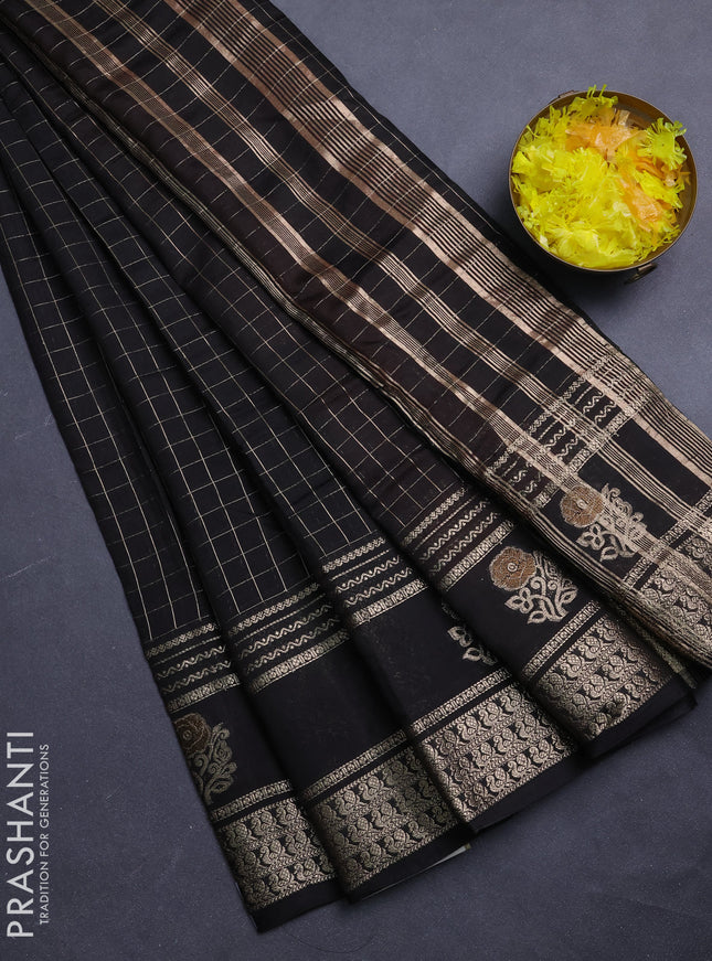 Semi chanderi saree black and rustic orange with allover zari checked pattern and rettapet zari woven butta border