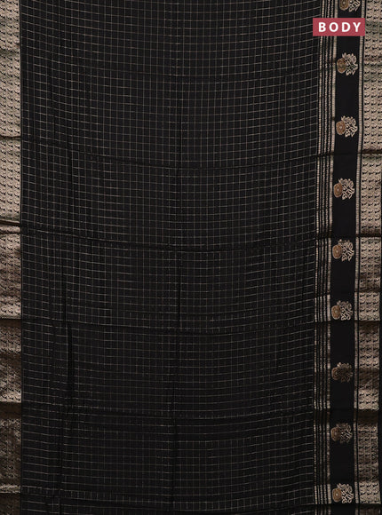 Semi chanderi saree black and rustic orange with allover zari checked pattern and rettapet zari woven butta border