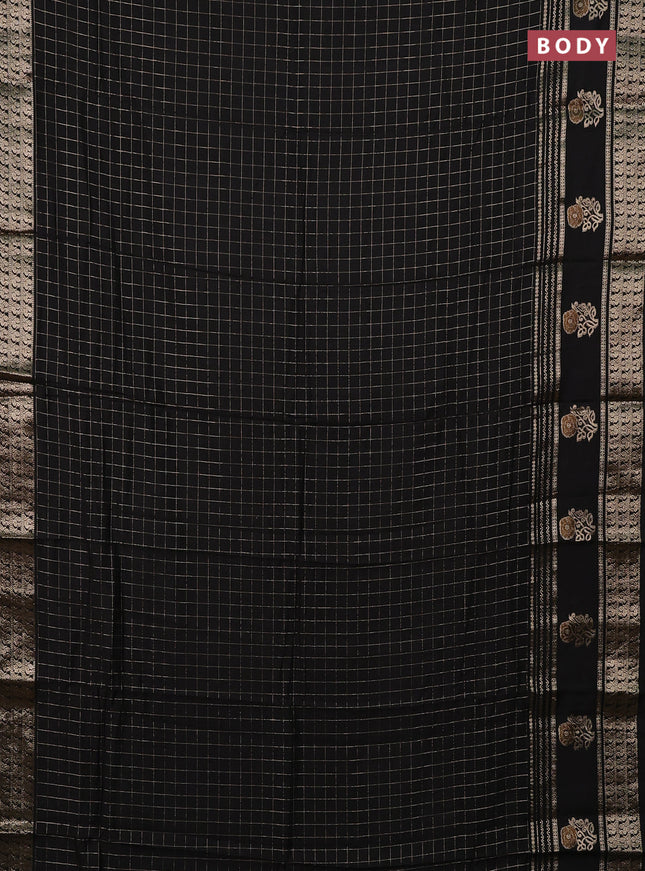 Semi chanderi saree black and rustic orange with allover zari checked pattern and rettapet zari woven butta border