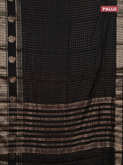 Semi chanderi saree black and rustic orange with allover zari checked pattern and rettapet zari woven butta border