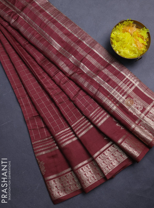 Semi chanderi saree rust shade and violet with allover zari checked pattern and rettapet zari woven butta border