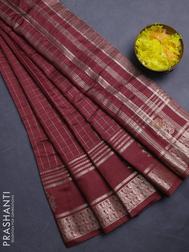 Semi chanderi saree rust shade and violet with allover zari checked pattern and rettapet zari woven butta border