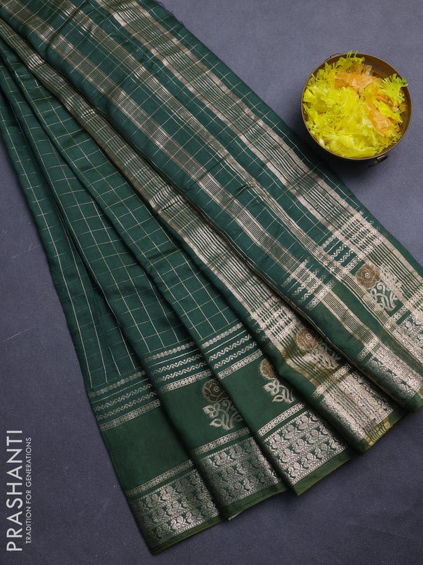 Semi chanderi saree green and violet with allover zari checked pattern and rettapet zari woven butta border