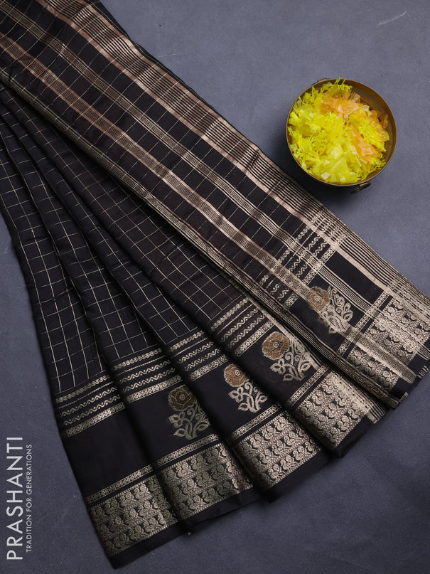 Semi chanderi saree black and red with allover zari checked pattern and rettapet zari woven butta border