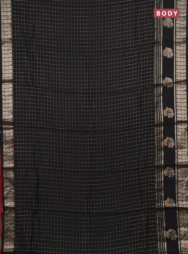 Semi chanderi saree black and red with allover zari checked pattern and rettapet zari woven butta border