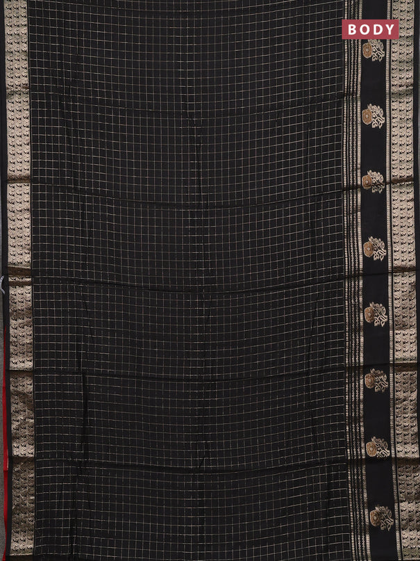 Semi chanderi saree black and red with allover zari checked pattern and rettapet zari woven butta border