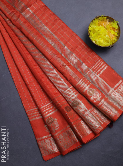 Semi chanderi saree orange and deep wine shade with allover zari checked pattern and rettapet zari woven butta border