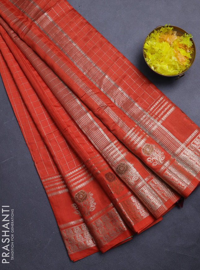 Semi chanderi saree orange and deep wine shade with allover zari checked pattern and rettapet zari woven butta border